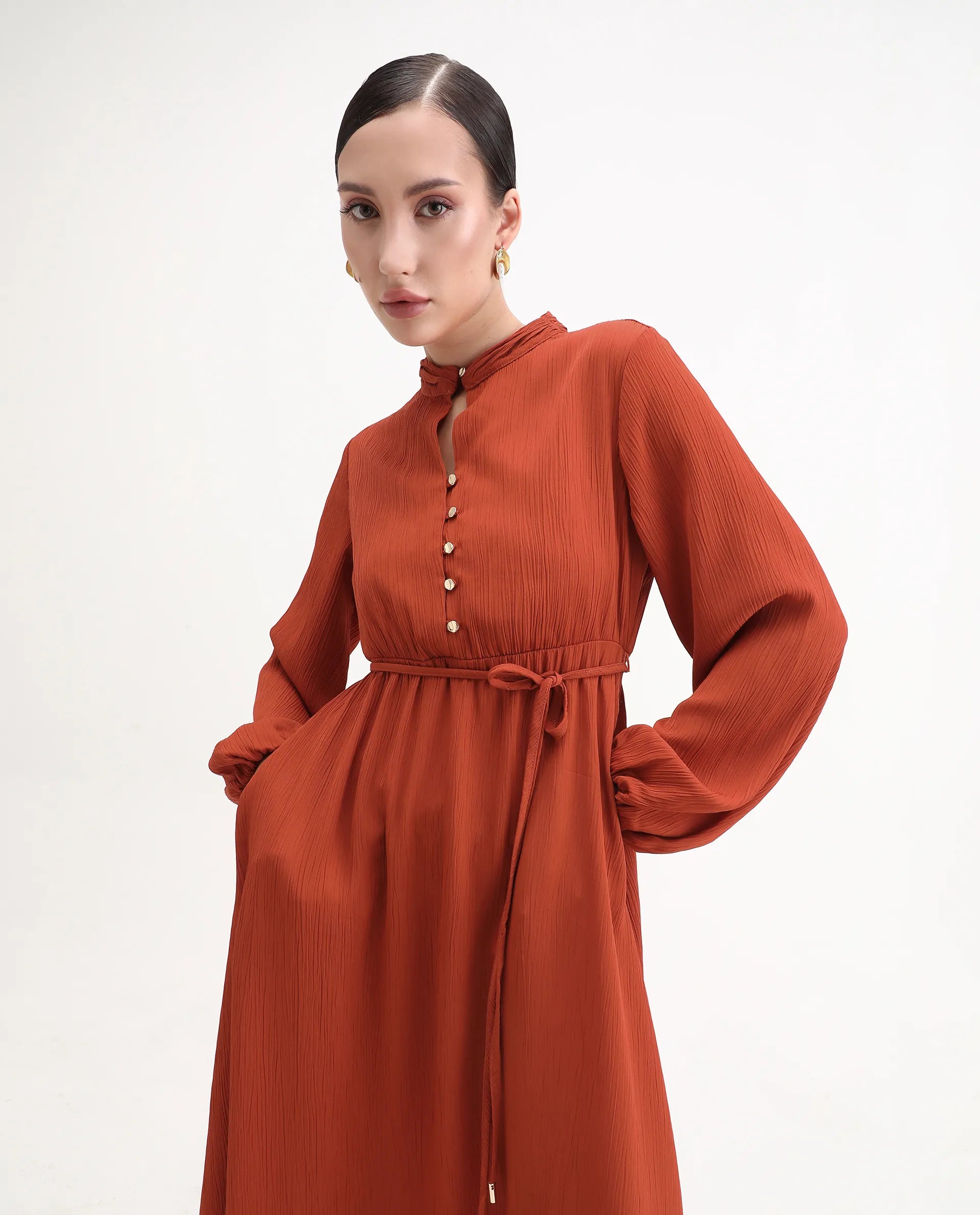Rareism Women's Aviure Rust Polyester Band Collar Fit And Flare Plain Midi Dress - Image 7