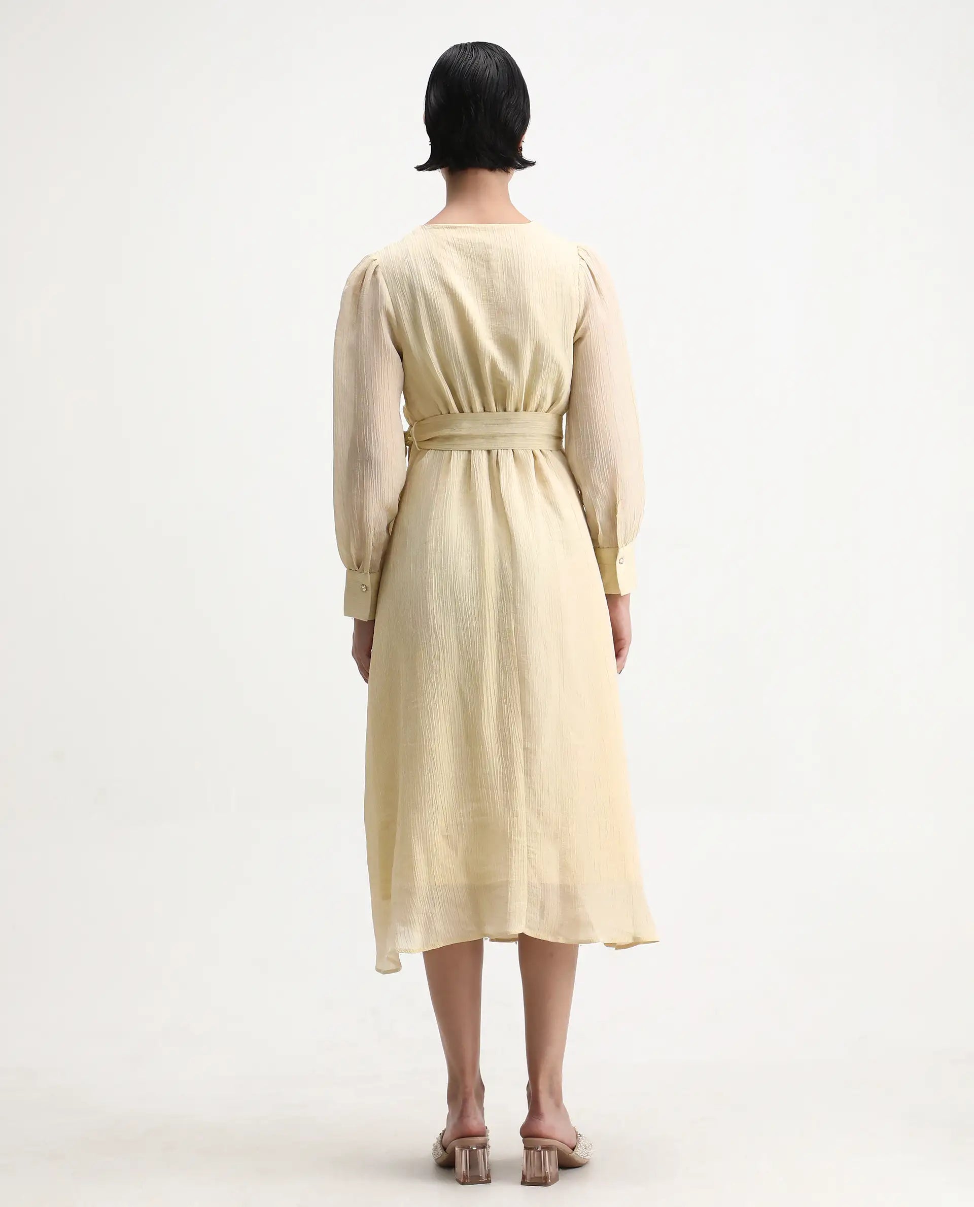 Rareism Women's Avsi Gold Polyester Wrap Neck Fit And Flare Plain Midi Dress - Image 7