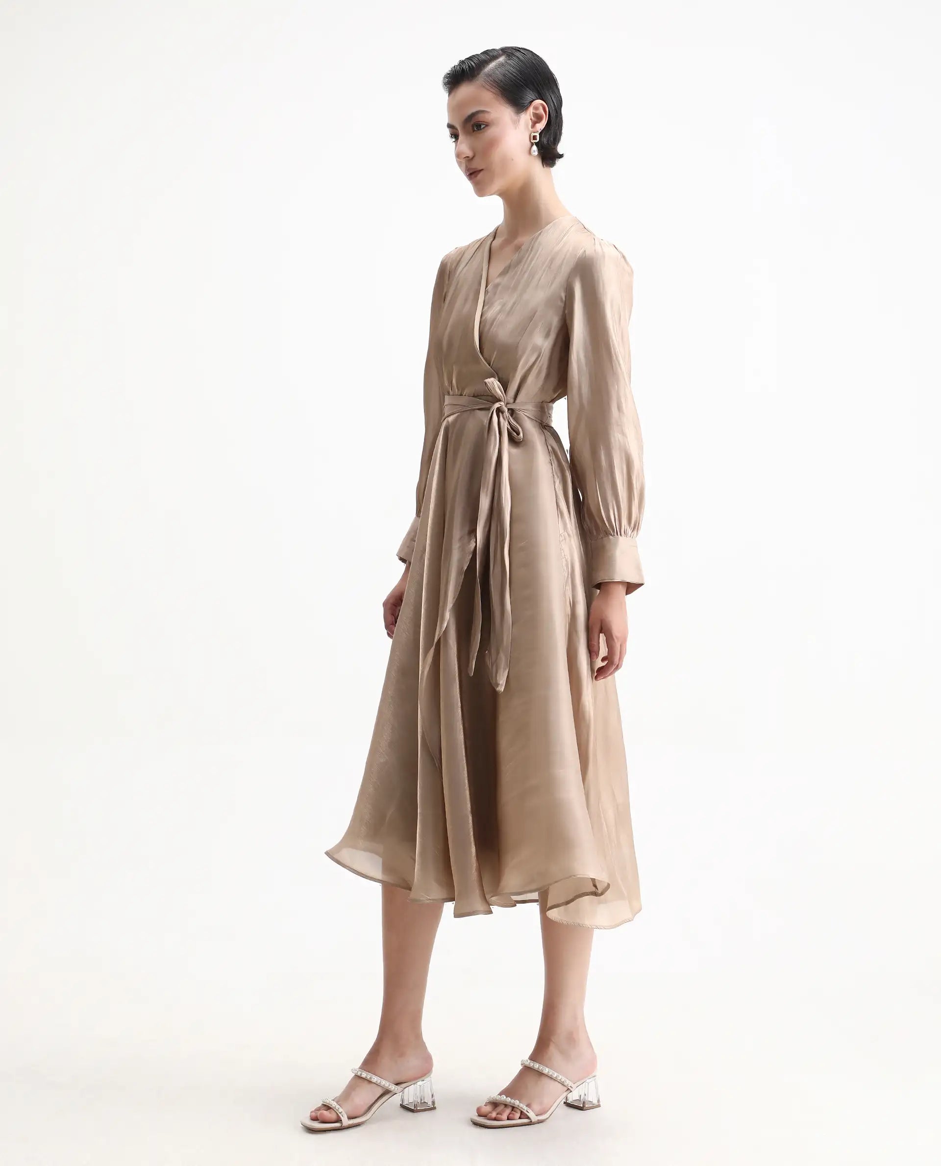 Rareism Women's Avsin Gold Polyester Wrap Neck Fit And Flare Plain Midi Dress - Image 6