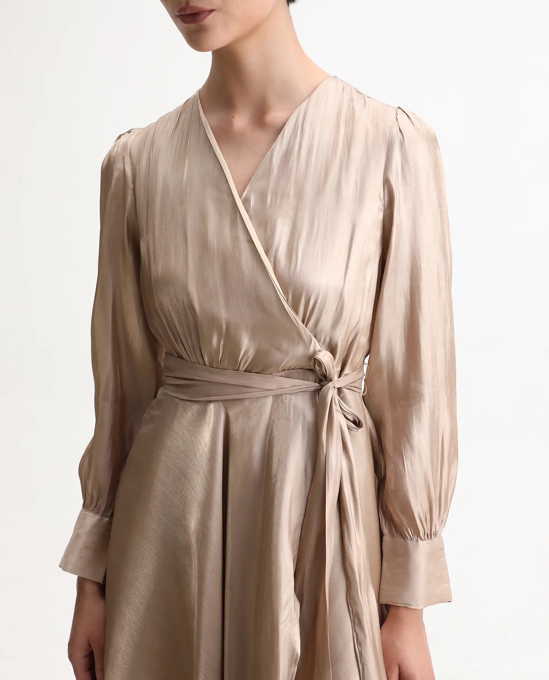 Rareism Women's Avsin Gold Polyester Wrap Neck Fit And Flare Plain Midi Dress - Image 4