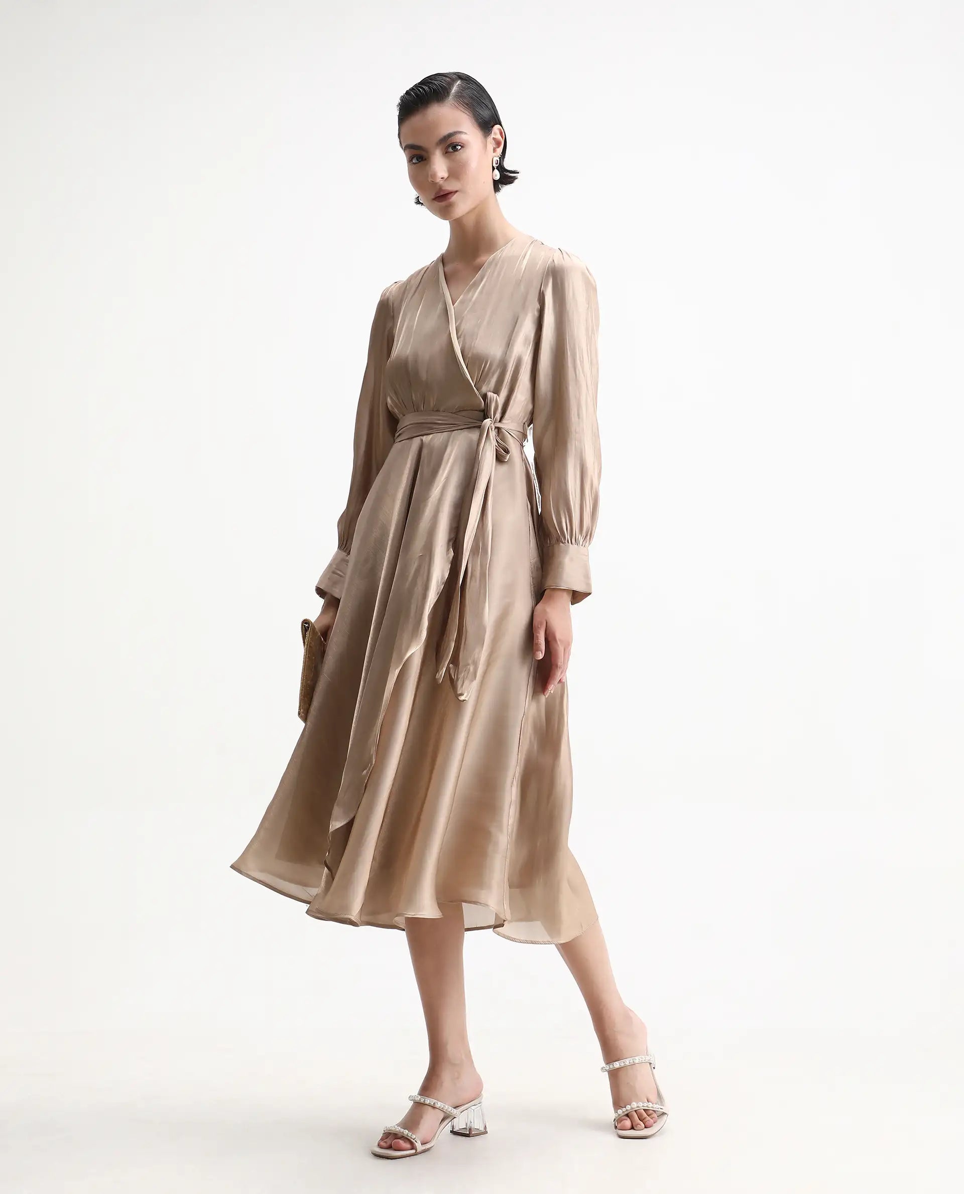 Rareism Women's Avsin Gold Polyester Wrap Neck Fit And Flare Plain Midi Dress - Image 2