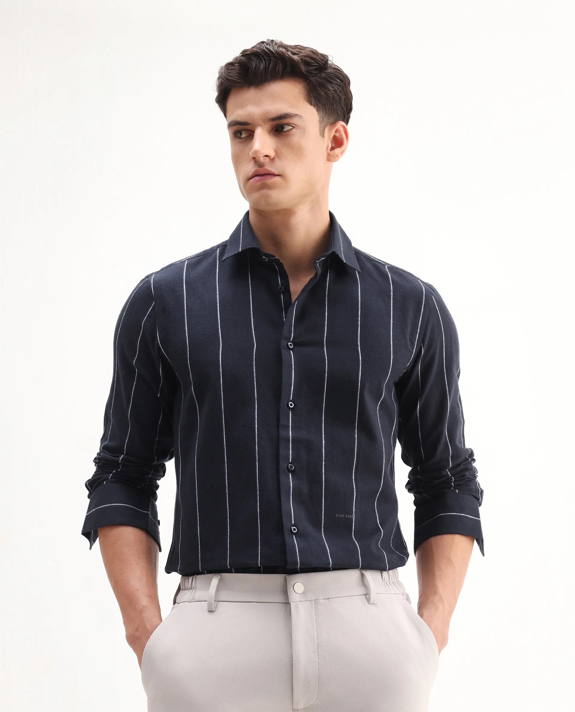 Rare Rabbit Men's Beymen Navy Cotton Striped Print Regular Fit Full Sleeve Collared Shirt - Image 4