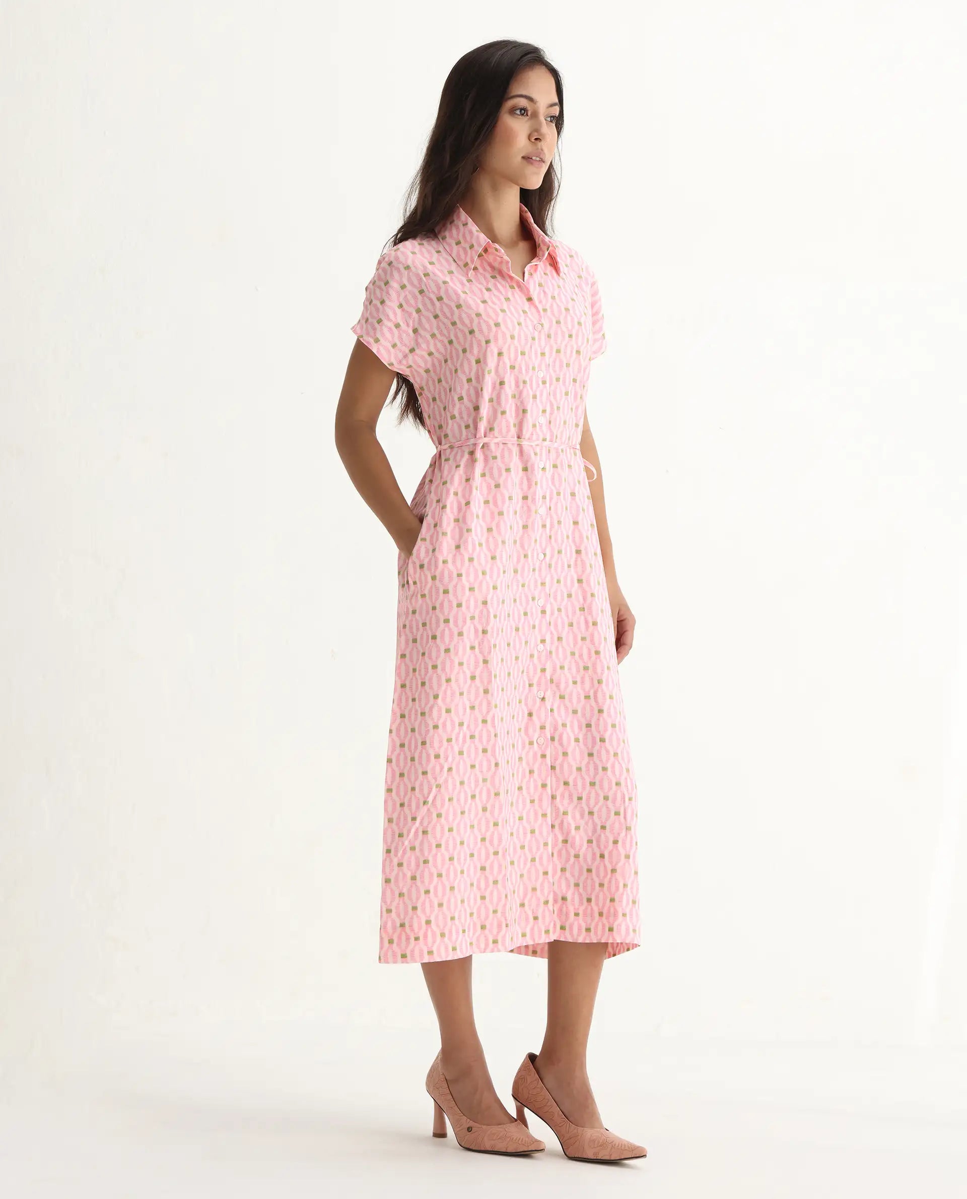 Rareism Women's Eleen Pink Cotton Collared Neck A-Line Printed Midi Dress - Image 7