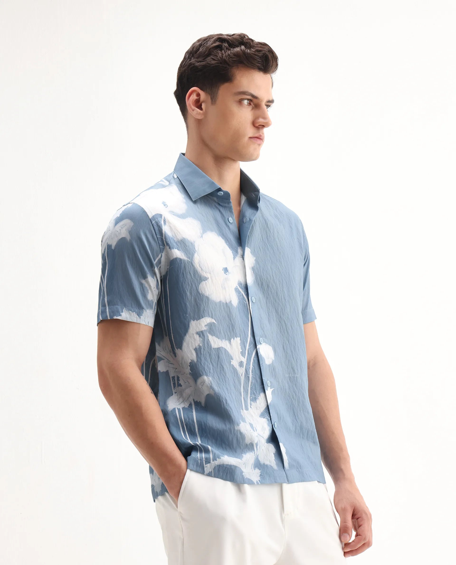Rare Rabbit Men's Groti Light Blue Viscose Blend Floral Print Relaxed Fit Half Sleeve Collared Shirt - Image 6