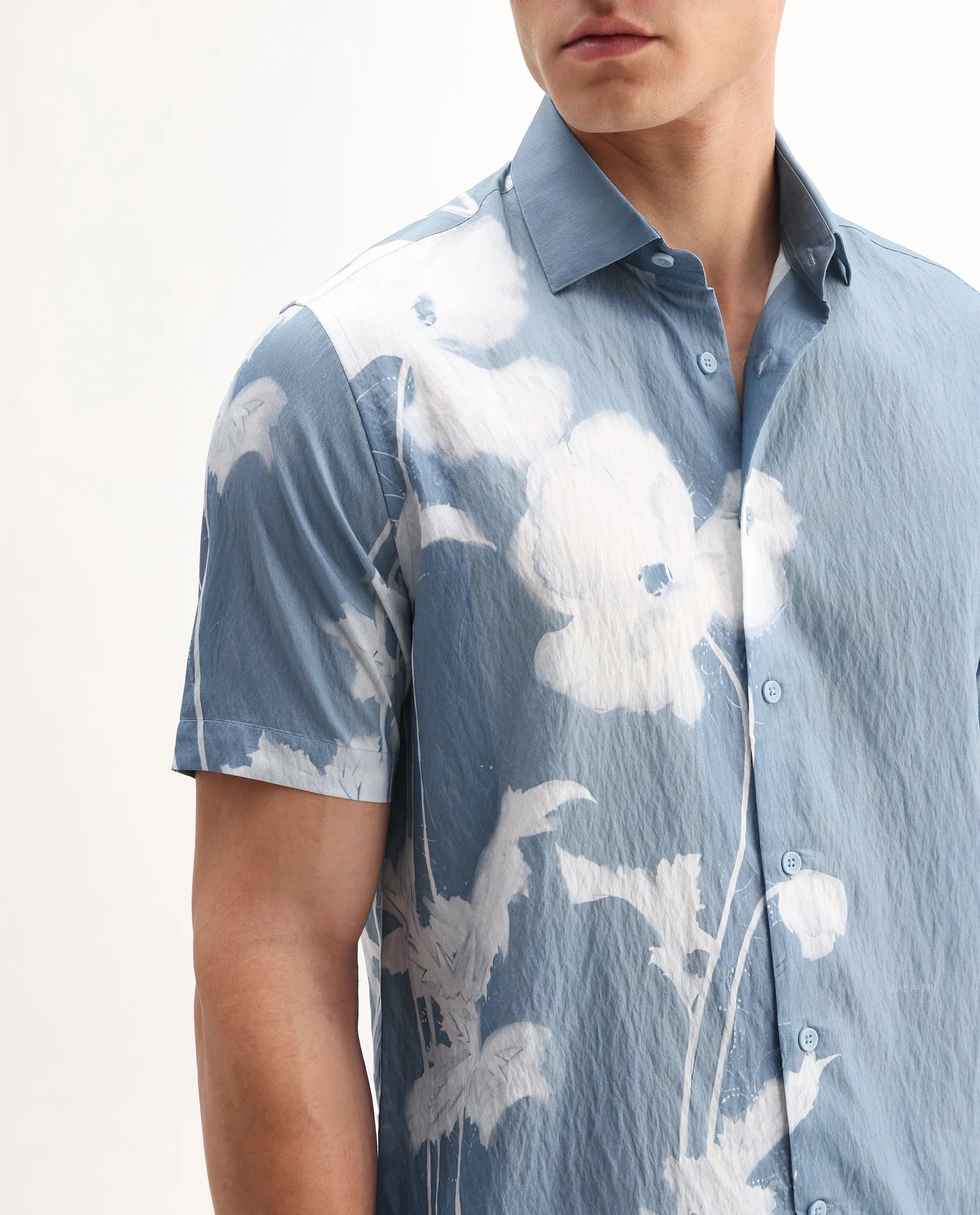 Rare Rabbit Men's Groti Light Blue Viscose Blend Floral Print Relaxed Fit Half Sleeve Collared Shirt - Image 3
