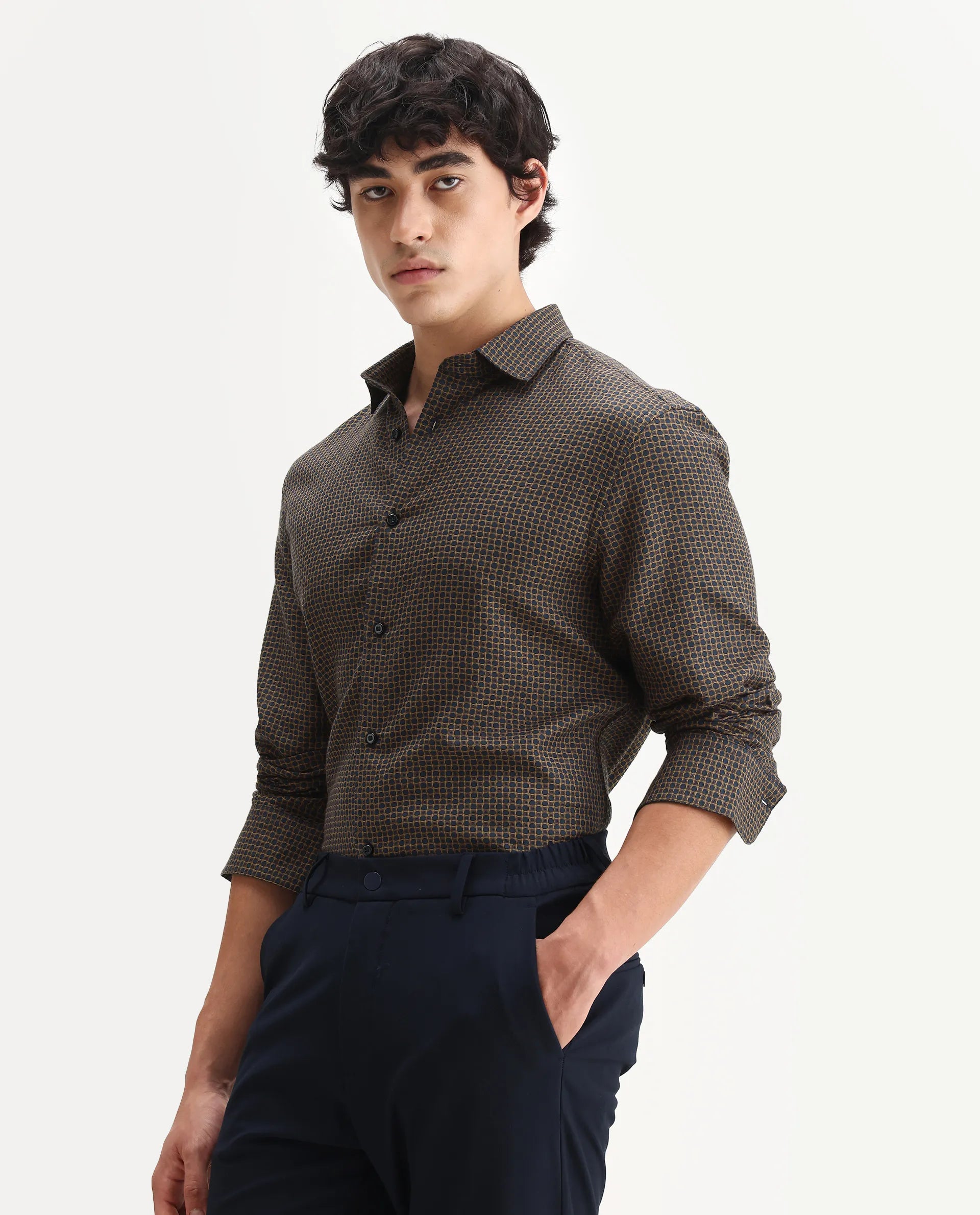 Rare Rabbit Men's Juxe Brown Cotton Fabric Spread Collar Regular Fit Geometric Print Shirt - Image 4