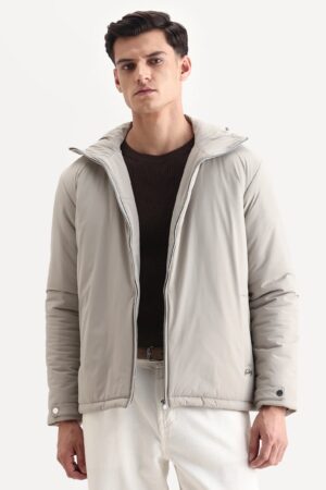 Rare Rabbit Men's Kost Light Grey Nylon Fabric High Neck Relaxed Plain Jacket