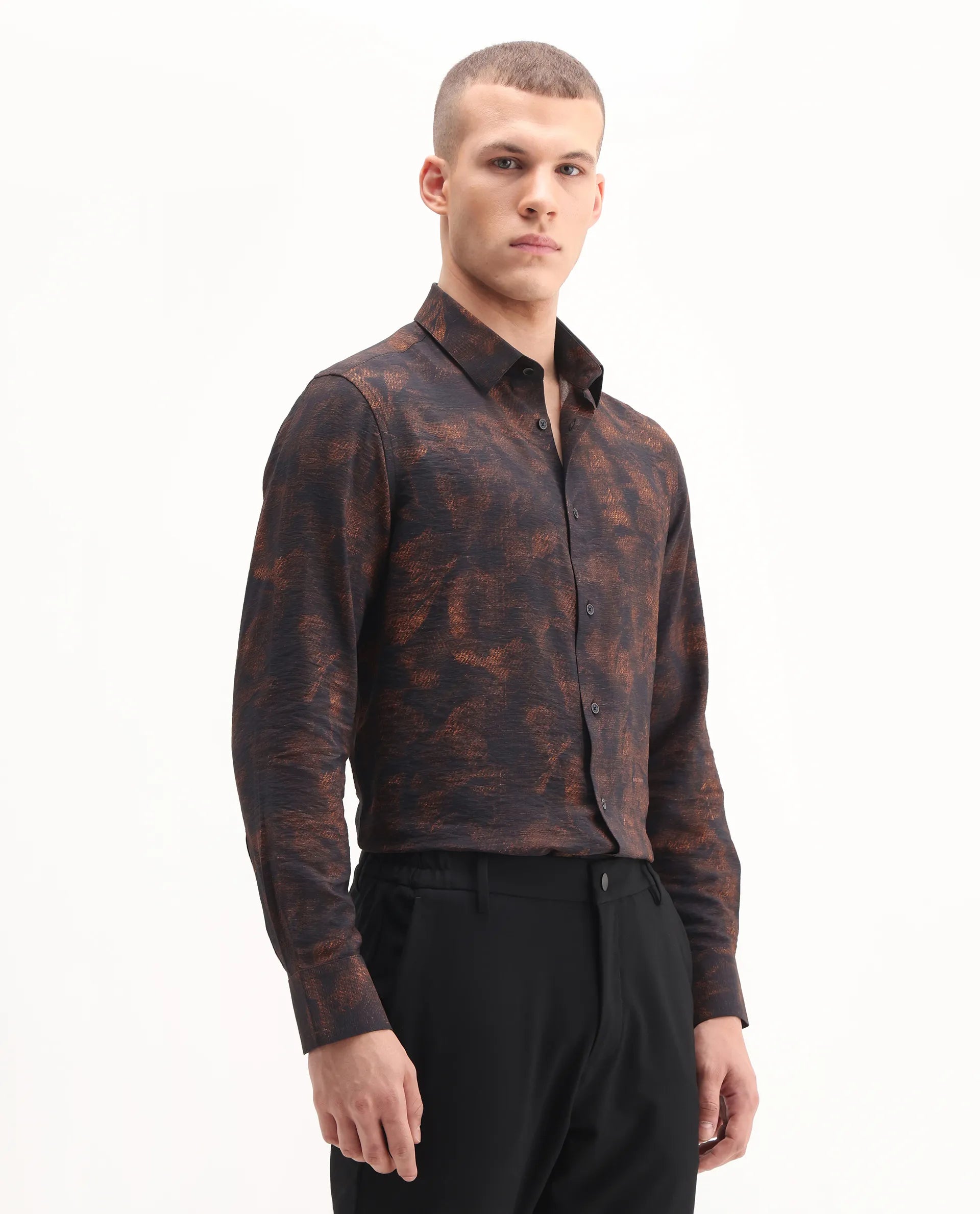 Rare Rabbit Men's Retro Dusky Brown Viscose Blend Abstract Print Regular Fit Full Sleeve Collared Shirt - Image 6