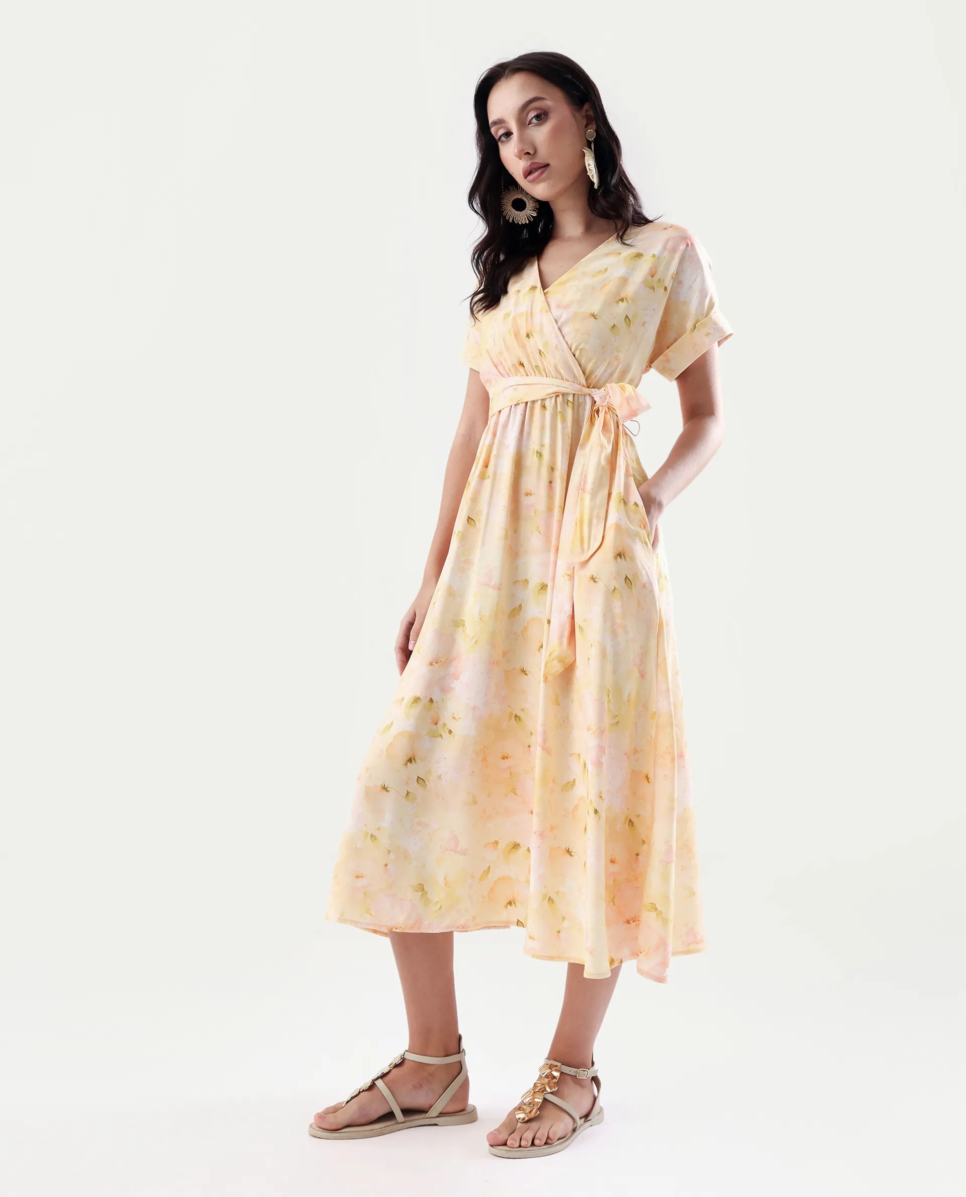 Rareism Women's Elavi Yellow Viscose Overlap Neck Flared Printed Midi Dress - Image 7