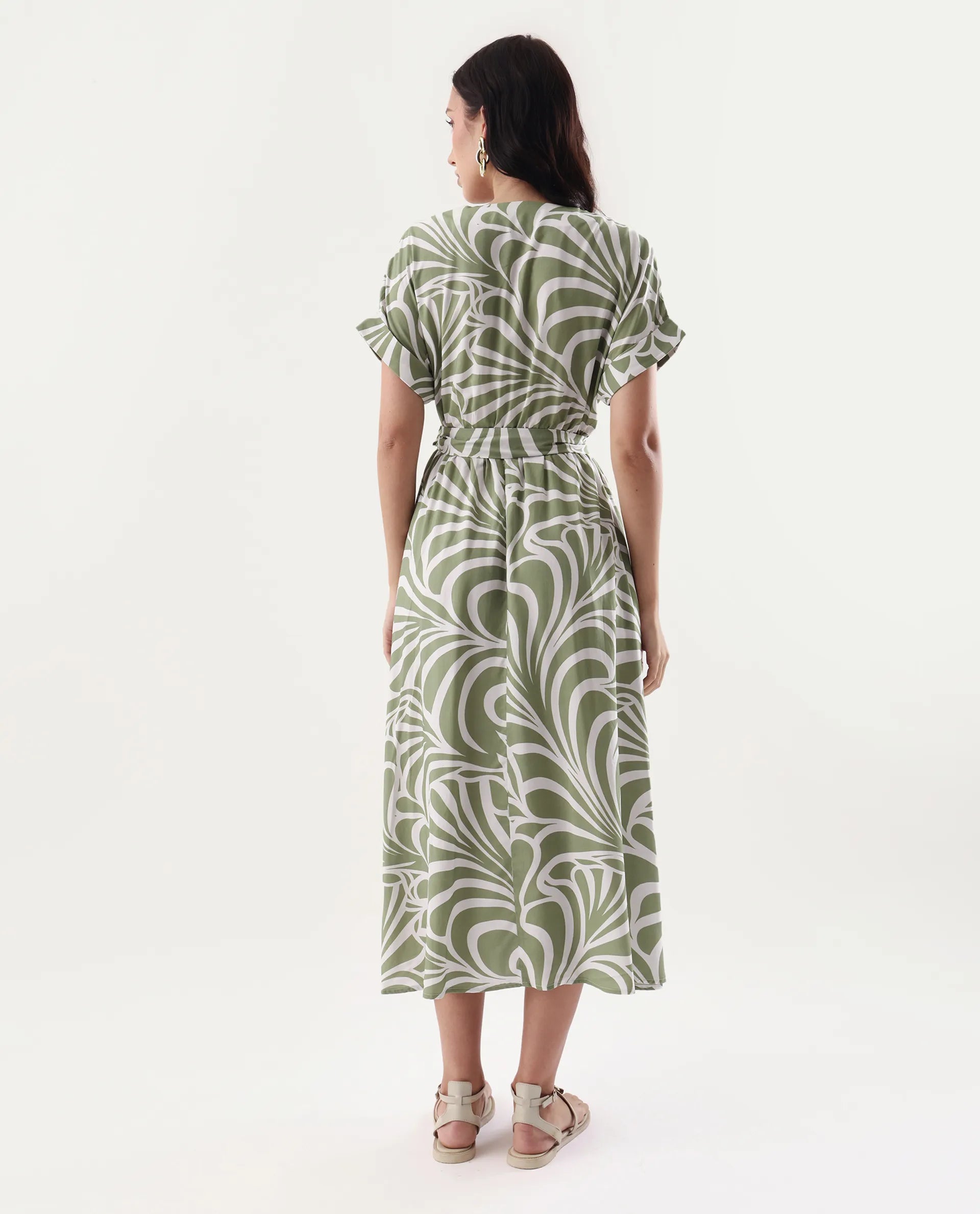 Rareism Women's Elean Olive Viscose Overlap Neck Flared Printed Midi Dress - Image 8